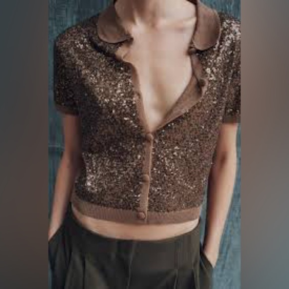 NWT Zara Sequin Knit Top With Peter Pan Collar